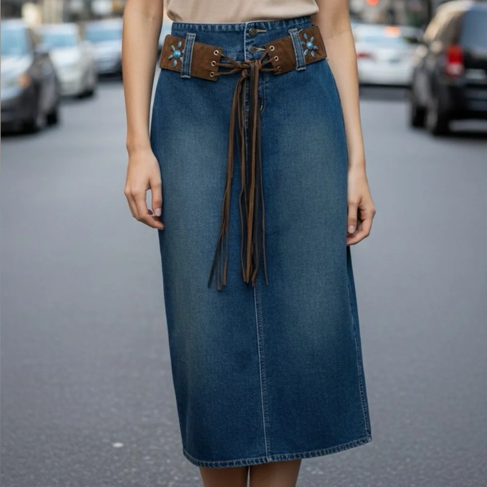 Vintage‎ Y2K Squeeze by Stephen Hardy side slit midi blue jean skirt - 9/10